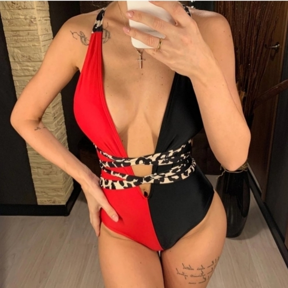 New Sexy V-neck Wrap Around Monokini Red Black Swimsuit Size S